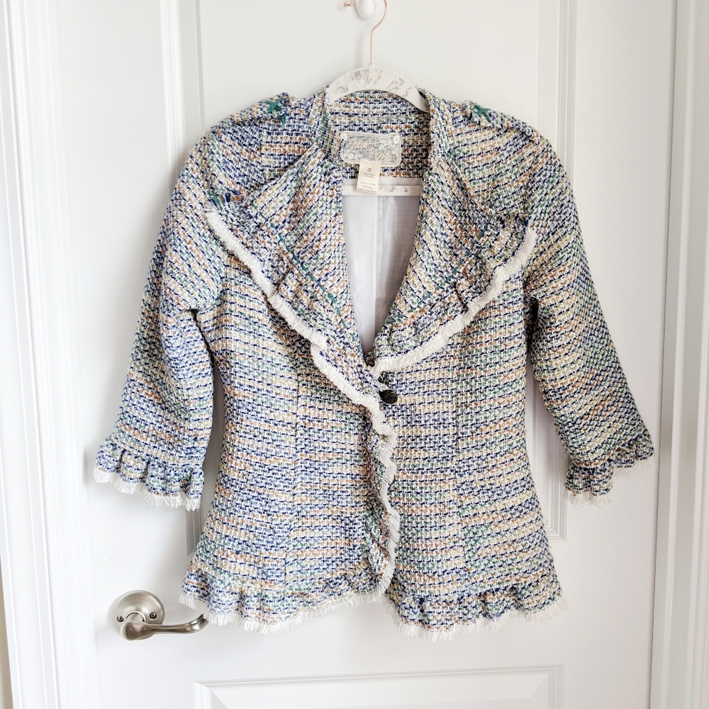 Nick & Mo Boucle Tweed Multicolor Ruffle Blazer